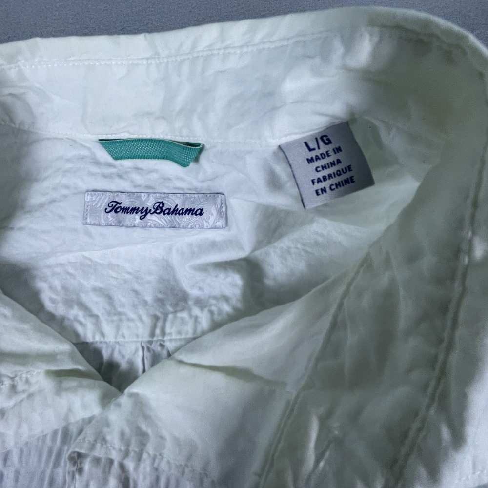 Tommy Bahama Shirt Mens L White Blue Palm Tree Seersucker Button Up Tropical - Picture 2 of 7